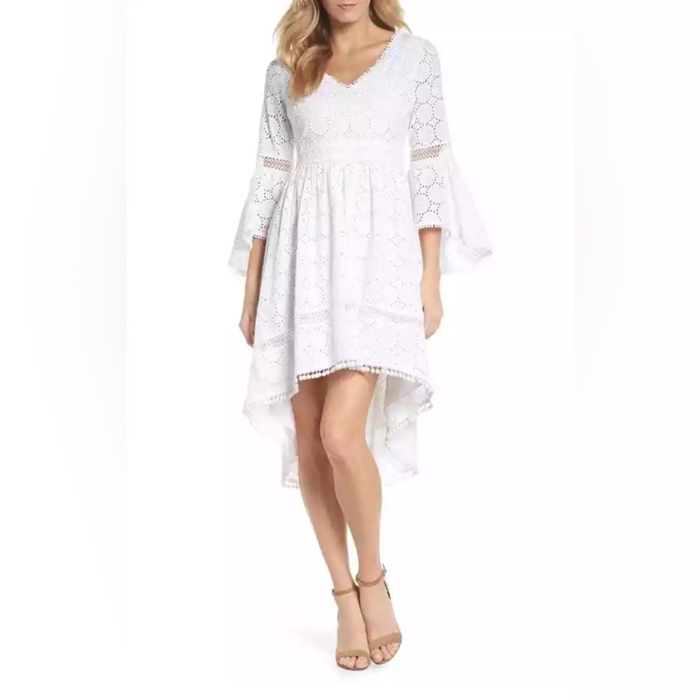 Eliza J Bell Sleeve High/Low Eyelet Dress white v-neck size 8
